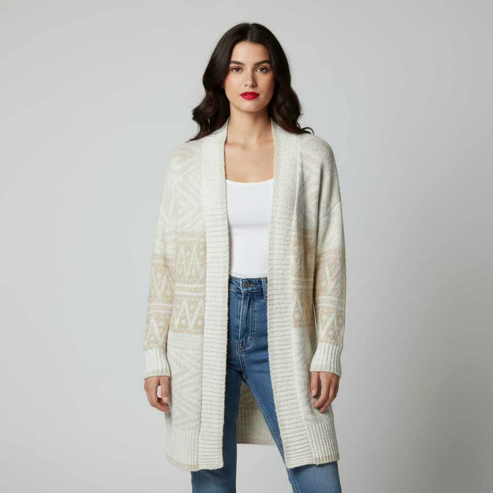 Joie Longline Nordic Cream & Tan Wool Blend Duster Sweater Long Cardigan Small